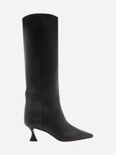 A black leather boot with a pointed toe and a flared heel, 60mm in height, on a light grey background.