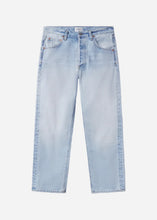 Light blue boyfriend fit jeans on a gray background