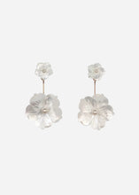 Pair of mother of pearl floral earrings with pearl centers on a light grey background