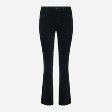 Black flared velvet pants shown flat against a light grey background.