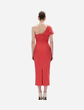 Red one-shoulder dress back view.