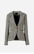 Grey and white checkered blazer with a single button on a light grey background