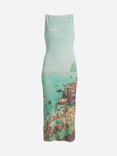 Mint green sleeveless dress with a serene beach scene print