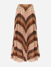 A pleated midi skirt with a chevron pattern in shades of brown, beige, and dusty pink, featuring a matching brown belt with a gold chain and clasp.