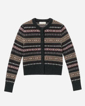 A grey, beige, and brown sweater with a geometric pattern on a light grey background
