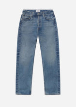 A pair of high-waisted, straight-leg blue jeans with button fly and a visible brand tag on the back pocket.