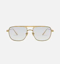 Gold metal aviator-style eyeglasses with clear gradient lenses, shown from the front on a light grey background.