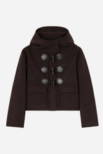 A dark brown cropped hooded duffle jacket with four large toggle closures on the front, displayed flat against a light gray background.