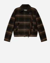 Plaid jacket with brown and black stripes on a light grey background