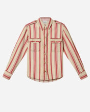 Red, pink, and beige striped long sleeve collared shirt on a light grey background