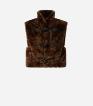 A brown fur sleeveless vest with a high collar and three black toggle closures, shown flat against a light gray background.