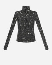 Black sequin turtleneck top on a light grey background
