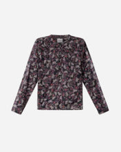 A long-sleeve buttoned top with an abstract floral and leaf print in muted pink, beige, and gray tones on a light grey background