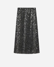 Black sequin midi skirt on a light grey background