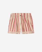 Red and pink stripes on beige shorts with a button detail on a light grey background