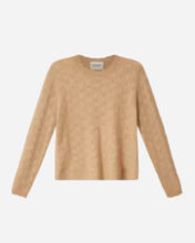 A beige knit crewneck sweater with a textured pattern, displayed flat against a light gray background.