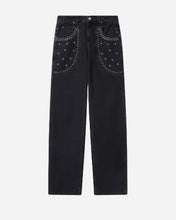 Black denim jeans with silver studded pocket details, shown flat against a light gray background.