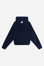A navy blue cropped hoodie with a front pocket, displayed flat against a light gray background.