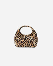 Leopard print handbag on a light grey background