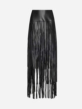 A black leather fringe midi skirt with a smooth, wide waistband, shown against a light grey background.