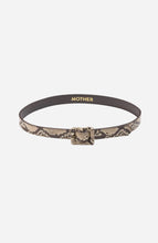 A slim belt with a snakeskin pattern in beige and brown, featuring a matching buckle and a dark brown interior.