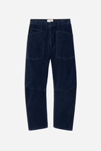 A pair of dark navy blue corduroy trousers with a straight-leg fit, featuring classic five-pocket styling, shown flat against a light gray background.