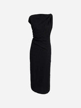 A black strapless knit midi dress with a draped, gathered bodice and a fitted silhouette, shown against a neutral background.