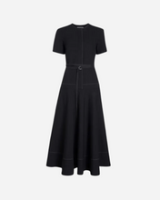 A black short-sleeve midi dress with a wrap-style front, a matching waist belt, and subtle contrast stitching details, shown against a plain white background.