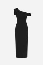 Black full length one-shoulder dress on a light grey background