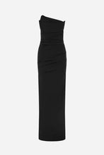A black strapless wrap-style maxi dress with a ruched bodice and draped skirt, shown on a light grey background.