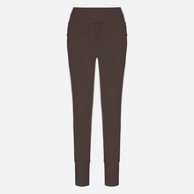 Mid-rise dark brown jogger pants with drawstring displayed on a light grey background.