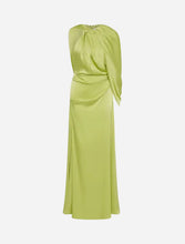 Bright green evening gown with a draped design 