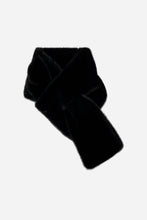 A black faux fur scarf  styled in a loose knot on a light grey background.