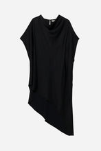 Black satin flowy mini cape dress on a light grey background