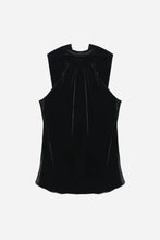A black velvet sleeveless top with a high gathered neckline, displayed against a light grey background.
