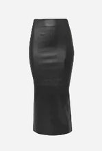 A black leather bodycon pencil tube skirt with a subtle sheen, shown against a light grey background.