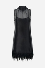 A sleeveless black dress featuring a sheer mesh high-neck overlay and a matching feather-trimmed hem, displayed against a light grey background.