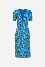 A blue short-sleeve V-neck dress with a green and white floral print, shown against a plain white background.