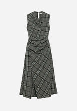 A sleeveless wrap-style midi dress with a gray, black, and white plaid pattern, featuring a draped cowl neckline and gathered waist details, shown against a plain light gray background.