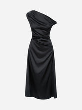Black one-shoulder dress on a white background