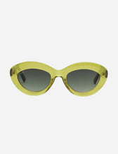 Green thick rimmed sunglasses with a black tinted lens