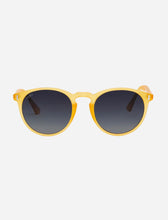 A pair of round-framed yellow sunglasses with black lenses