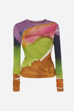 Long-sleeve shirt with a colorful gradient design on a light grey background
