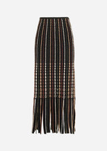 A knit midi skirt with vertical stripes and fringe hem, shown against a light grey background.