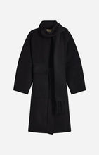 A black mid-length wrap coat with a high draped collar and a matching long scarf, displayed on a light gray background.